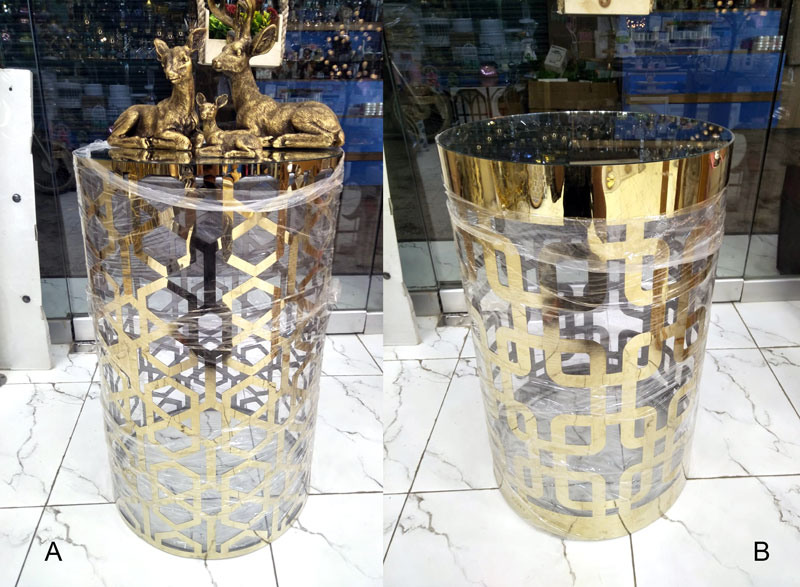 Gold Ottoman Laser Cutting Mirror Coffee Table With Glass Top (Diameter:24 Inch X 20 Inch Length