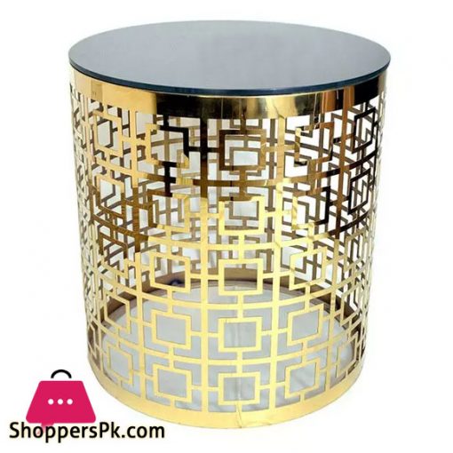 Gold Ottoman Laser Cutting Mirror Coffee Table With Glass Top (Diameter:24 Inch x 20 Inch Length