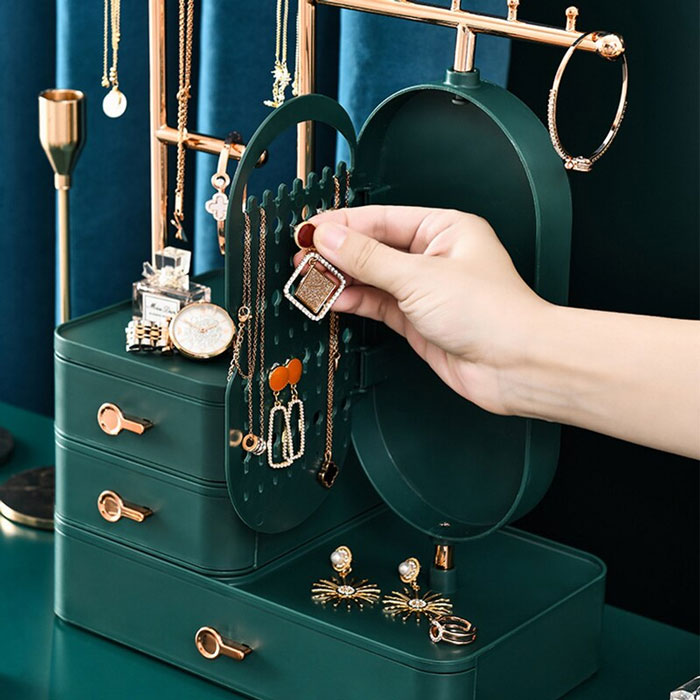 Jewellery Organizer With Makeup Mirror Rotating Earring Ring Necklace Display Rack