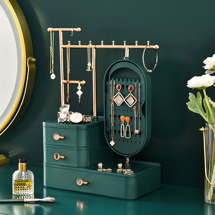 Jewellery Organizer With Makeup Mirror Rotating Earring Ring Necklace Display Rack