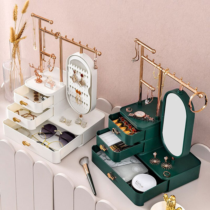 Jewellery Organizer With Makeup Mirror Rotating Earring Ring Necklace Display Rack