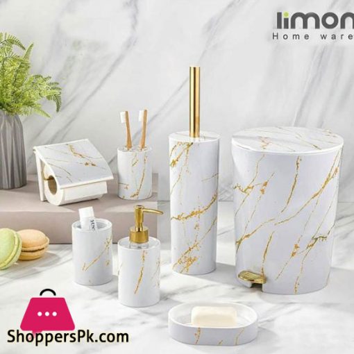 Limon 6 Pieces Marble Design Bathroom Accessories Set - White