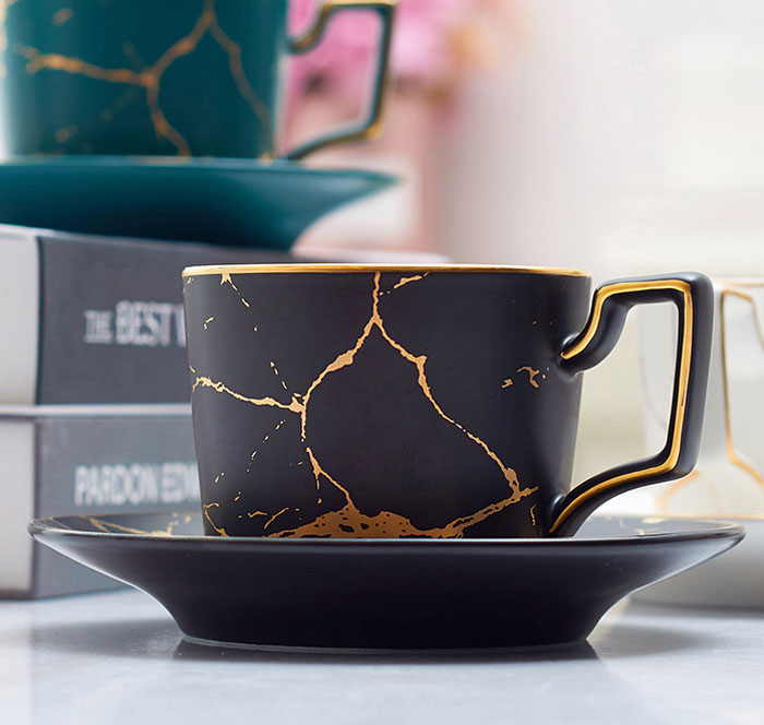 Nordic Tea Cup Marble Print Ceramic Coffee Cup Saucer Spoon Set - 7 Pcs