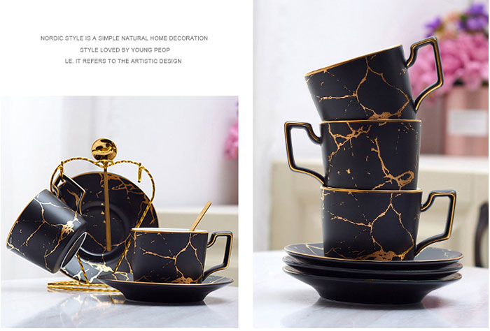 Nordic Tea Cup Marble Print Ceramic Coffee Cup Saucer Spoon Set - 7 Pcs