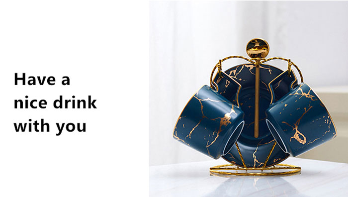 Nordic Tea Cup Marble Print Ceramic Coffee Cup Saucer Spoon Set - 7 Pcs