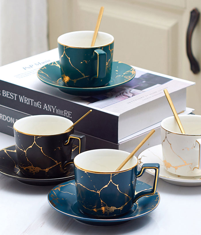 Nordic Tea Cup Marble Print Ceramic Coffee Cup Saucer Spoon Set - 7 Pcs