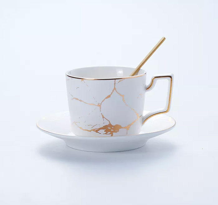 Nordic Tea Cup Marble Print Ceramic Coffee Cup Saucer Spoon Set - 7 Pcs
