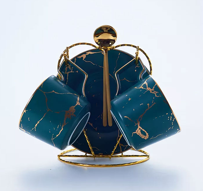 Nordic Tea Cup Marble Print Ceramic Coffee Cup Saucer Spoon Set - 7 Pcs