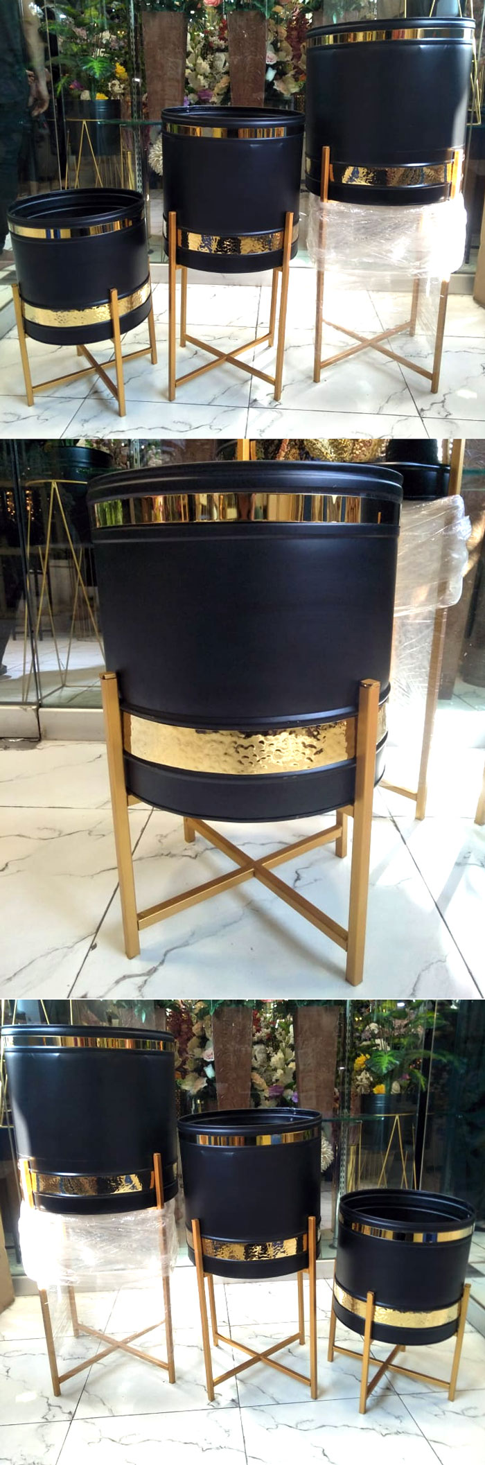 Metal Black Planters Gold Double Rim With Gold Stand, Metal Decor For Garden, Patio, Porch, Balcony, Pots With Stand (Large)