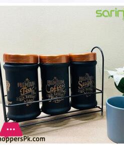 Sarina Black Sugar Tea Coffee Jar Set of 3 with Metal Rack - 3x660ML - S1035 Turkey Made