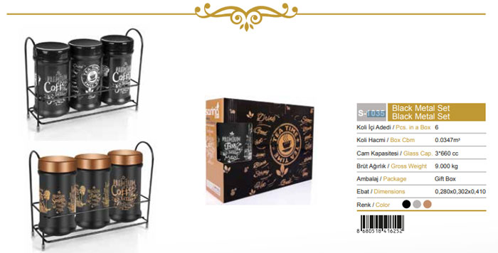 Sarina Black Sugar Tea Coffee Jar Set Of 3 With Metal Rack - 3X660Ml - S1035 Turkey Made