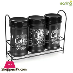 Sarina Black Sugar Tea Coffee Jar Set Of 3 With Metal Rack - 3X660Ml - S1035 Turkey Made