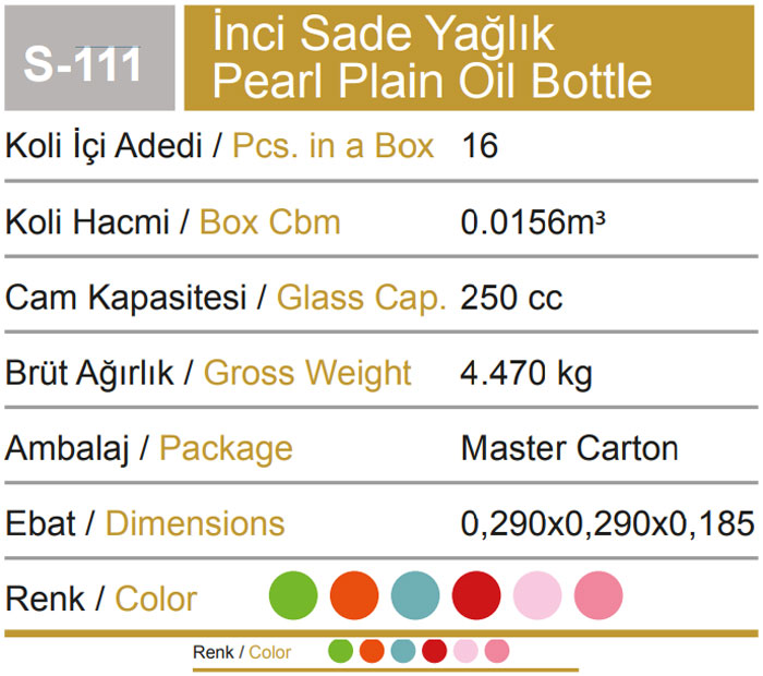 Sarina Glass Pearl Plain Oil Bottle 250Ml - S111 Turkey Made