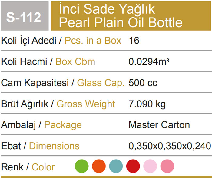 Sarina Glass Pearl Plain Oil Bottle 500Ml - S112 Turkey Made