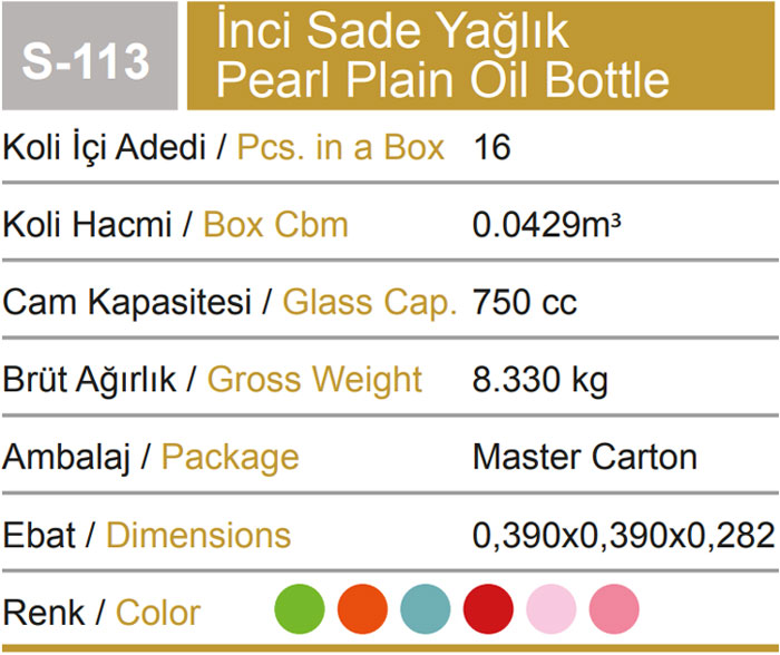 Sarina Glass Pearl Plain Oil Bottle 750Ml - S113 Turkey Made