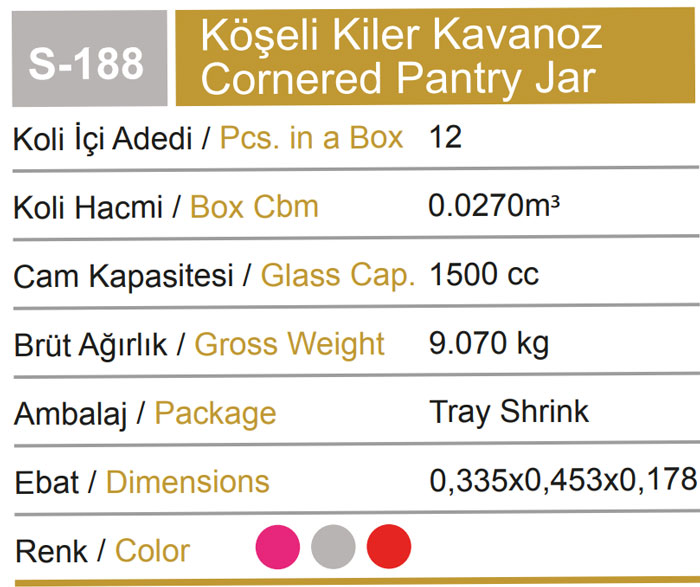 Sarina Glassware Cornered Pantry Jar 1500Ml - S188 Turkey Made