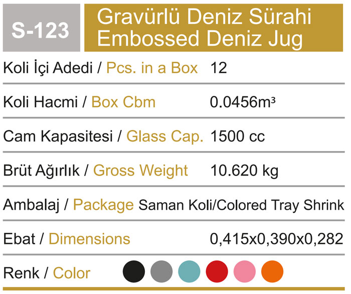 Sarina Glassware Embossed Deniz Jug 1500Ml - S123 Turkey Made