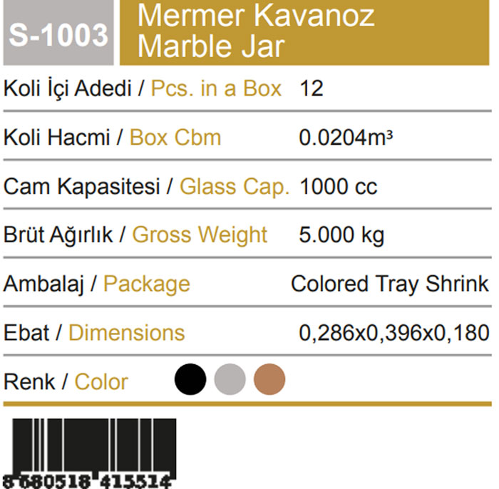 Sarina Glassware Marble Texture Jar 1000Ml - S1003 Turkey Made