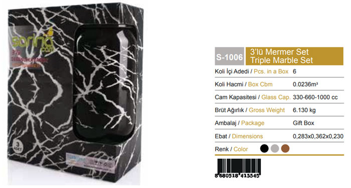 Sarina Glassware Marble Texture Jar 3-Pcs - S1006 Turkey Made