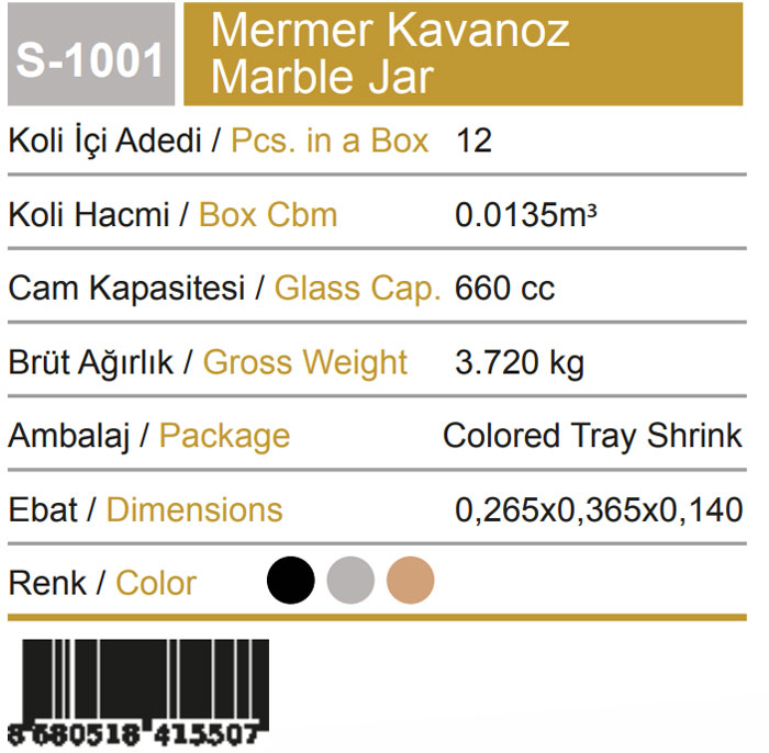 Sarina Glassware Marble Texture Jar 660Ml - S1001 Turkey Made