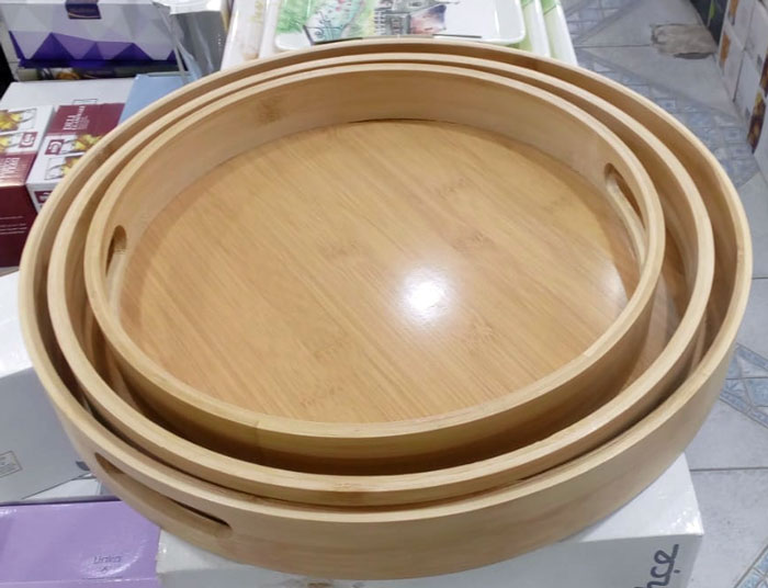 Wooden Round Serving Tray With Handles 3-Pcs Set