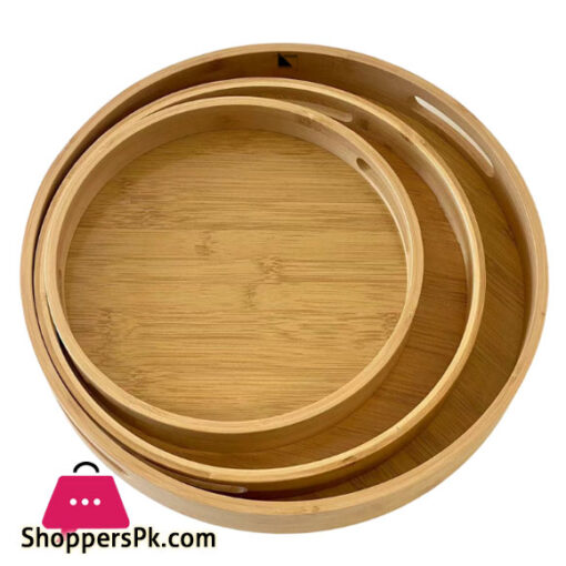 Wooden Round Serving Tray with Handles 3-Pcs Set
