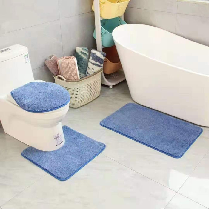 3 Pc Bathroom Set Bath Mat Rug Contour And Toilet Lid Cover With Rubber Backing