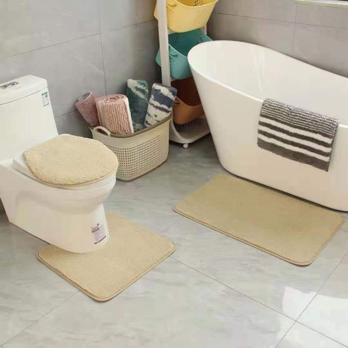3 Pc Bathroom Set Bath Mat Rug Contour And Toilet Lid Cover With Rubber Backing