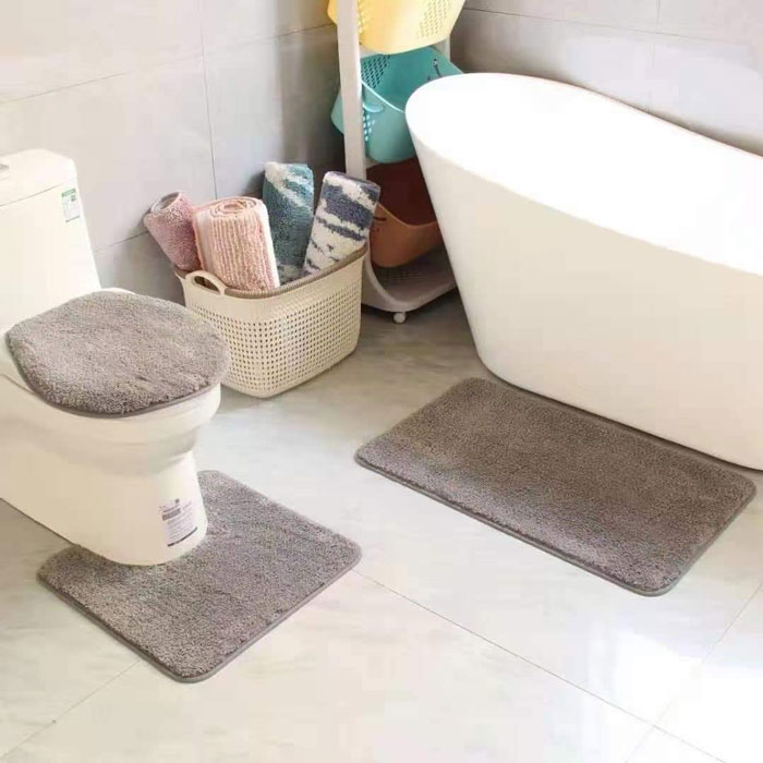 3 Pc Bathroom Set Bath Mat Rug Contour And Toilet Lid Cover With Rubber Backing