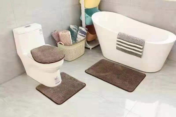 3 Pc Bathroom Set Bath Mat Rug Contour And Toilet Lid Cover With Rubber Backing