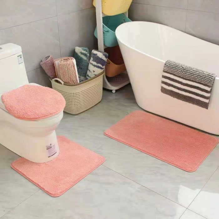 3 Pc Bathroom Set Bath Mat Rug Contour And Toilet Lid Cover With Rubber Backing