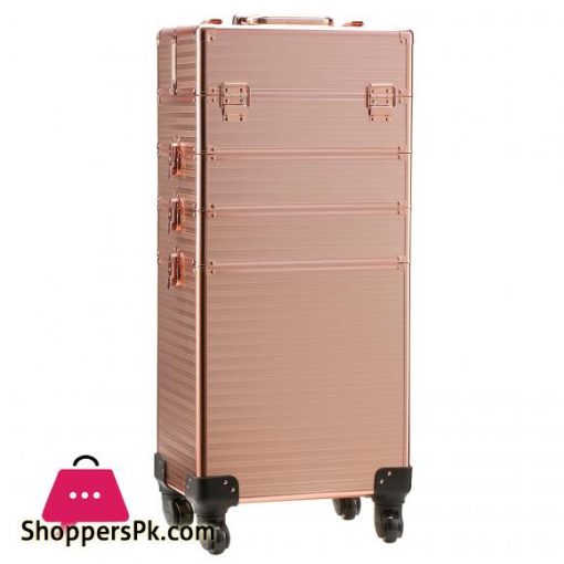 Channcase 4 in 1 Portable Traveling Aluminum Professional Makeup Trolley Cart with Multiple-Sized Compartments and Wheels, Rose Gold