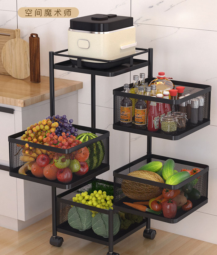 All In One Rotatable Storage Basket Rolling Utility Cart Vegetables Basket Square For Bathroom Living Room – 5 Layer