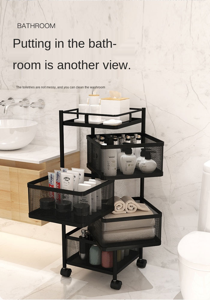 All In One Rotatable Storage Basket Rolling Utility Cart Vegetables Basket Square For Bathroom Living Room – 5 Layer