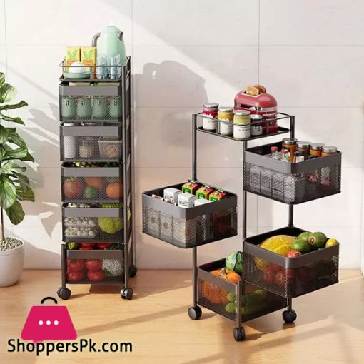 All in One Rotatable Storage Basket Rolling Utility Cart Vegetables Basket Square for Bathroom Living Room – 5 Layer