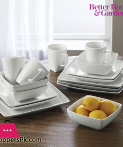 Better Homes & Gardens 16 Piece Square Breakfast Porcelain Dinnerware Set White
