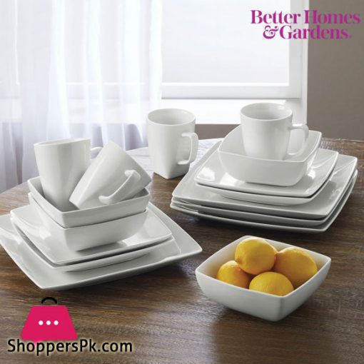 Better Homes & Gardens 16 Piece Square Breakfast Porcelain Dinnerware Set White