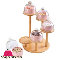 Cupcake &Amp; Dry Fruit Tray With Lid Appetizer Serving Tray Set Of 5 Dishes With Glass Cover With Bamboo Stand - Jd7903-1