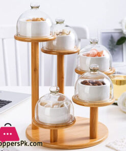 Cupcake & Dry Fruit Tray With Lid Appetizer Serving Tray Set of 5 Dishes with Glass Cover with Bamboo Stand - JD7903-1