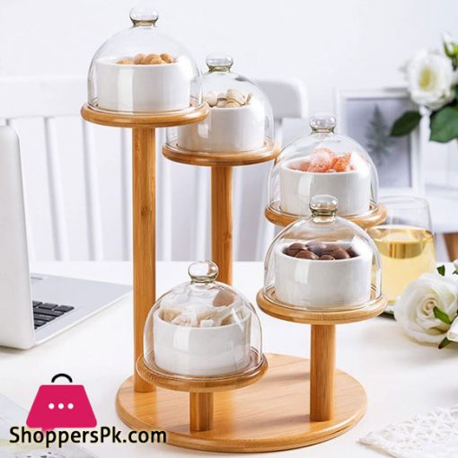 Cupcake & Dry Fruit Tray With Lid Appetizer Serving Tray Set of 5 Dishes with Glass Cover with Bamboo Stand - JD7903-1