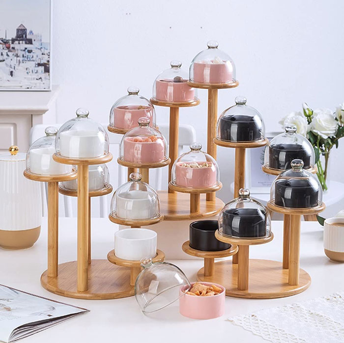 Cupcake &Amp; Dry Fruit Tray With Lid Appetizer Serving Tray Set Of 5 Dishes With Glass Cover With Bamboo Stand - Jd7903-1