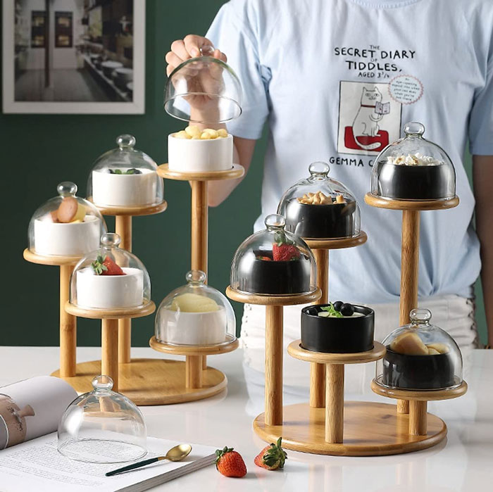 Cupcake &Amp; Dry Fruit Tray With Lid Appetizer Serving Tray Set Of 5 Dishes With Glass Cover With Bamboo Stand - Jd7903-1