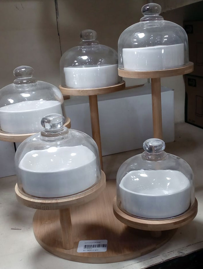 Cupcake &Amp; Dry Fruit Tray With Lid Appetizer Serving Tray Set Of 5 Dishes With Glass Cover With Bamboo Stand - Jd7903-1