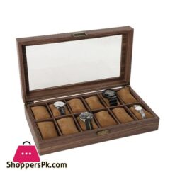 12 Slot PU Leather Watch Box Organizer Watch Case with Glass Top|Watch Boxes