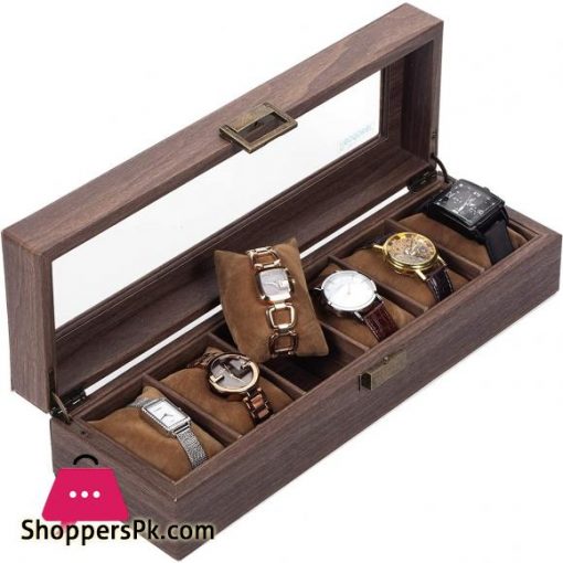 Readaeer 6 Slot PU Leather Watch Box Organizer Watch Case with Glass Top