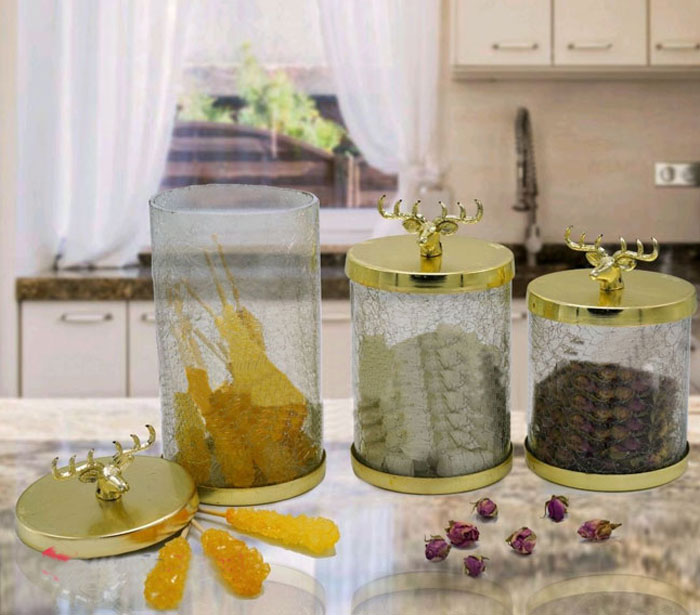 Jaam Sazan Silver Deer Metal And Glass Suitable For Sugar Tea Candy Set Of 3