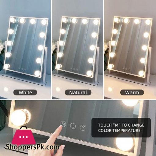 Leadzones Makeup Mirror with Lights,12 LED Vanity Light-up Mirror,Professional Mirror with Smart Touch Control 3 Colors Dimable and 360°Rotation for Dressing Room Bedroom,White