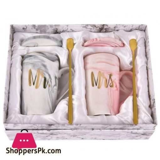 AMERTEER Mr and Mrs Coffee Mugs Ceramic Couple Tea Cups Set- Wedding Gift - for Bride and Groom - Gift for Bridal Shower Engagement Wedding and Married Couples Anniversary - Mr and Mrs Cups - Coffee Marble Cups for Girls,414 ml