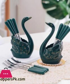 Nordic Luxury Ceramic Stainless Steel Fruit Fork Set Creative Fashion Dessert Forks Swan Base Cake Dessert Ice Cream Fork Spoon|Dinnerware Sets
