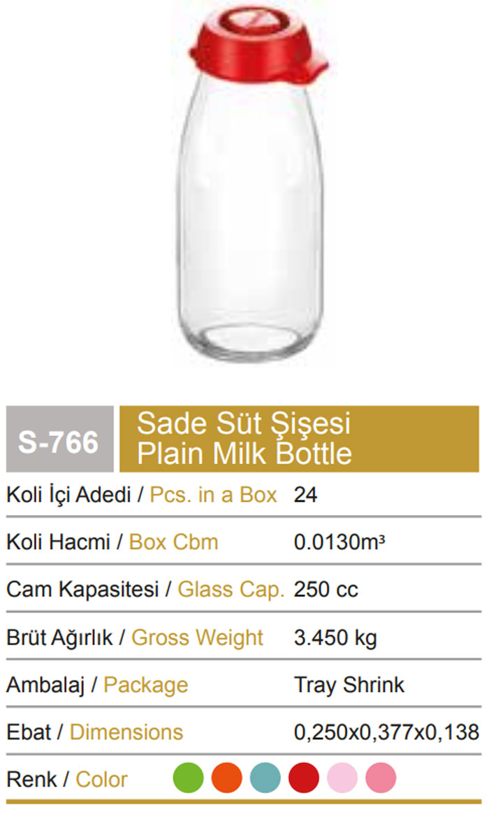 Sarina Glassware Clear Milk Bottle 250ML - S766 - Turkey Made